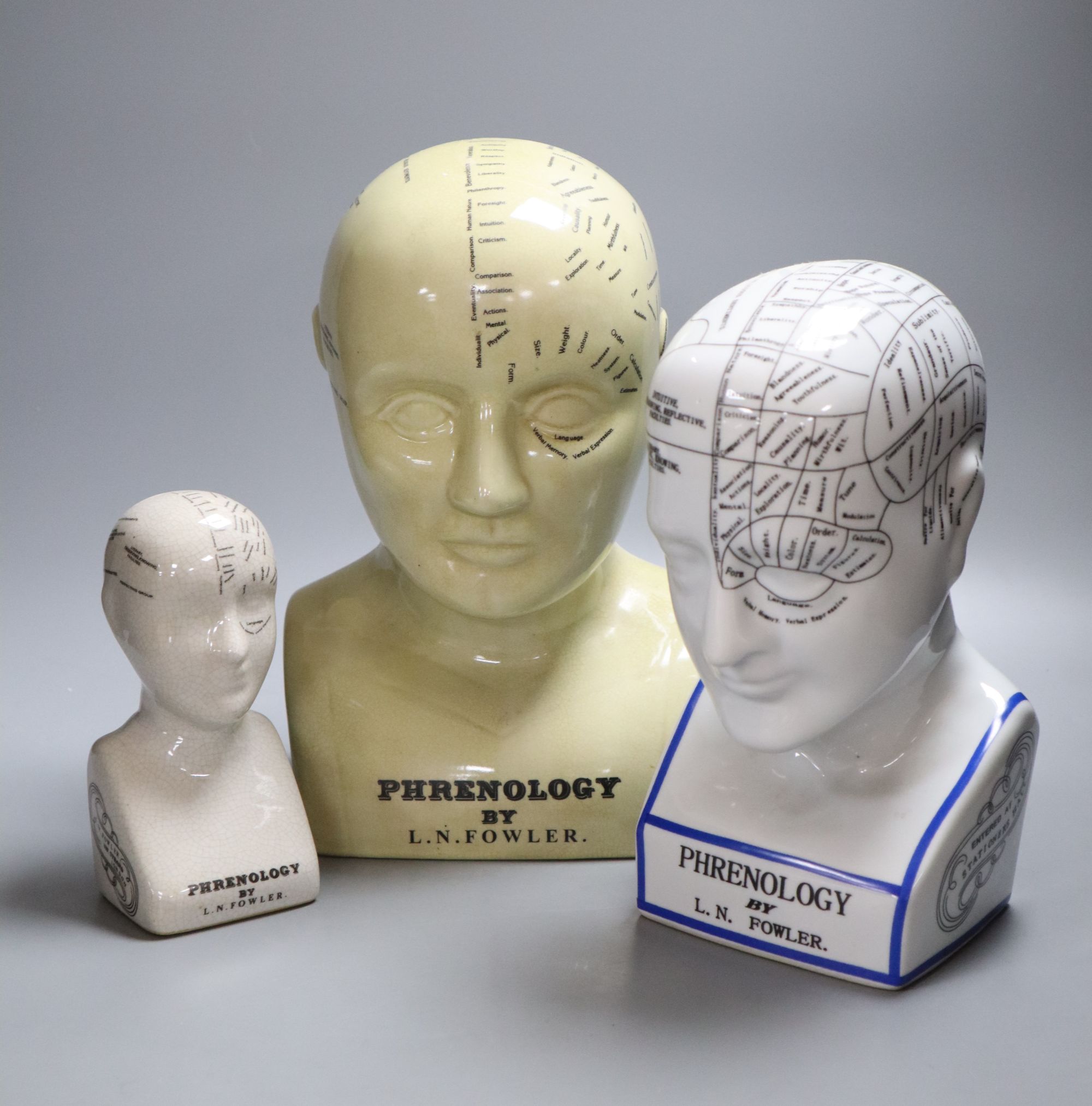 Three reproduction phrenology ceramic heads, by L.M. Fowler, tallest 29cm